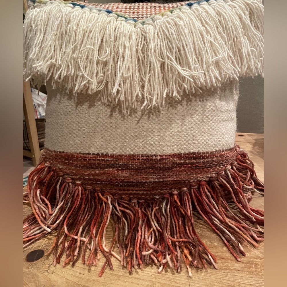 NWT World Market Throw Pillow Fringe Textured Tweed Ivory Multi 18x18